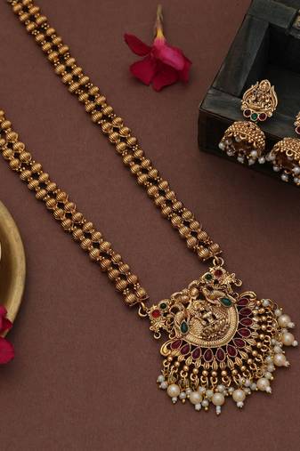 Premium rani & green color lord laxmi long temple necklace set collection