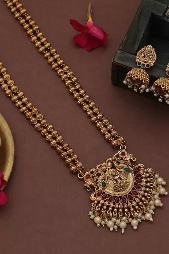 Premium rani & green color lord laxmi long temple necklace set collection