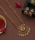 Premium rani & green color lord laxmi long temple necklace set collection