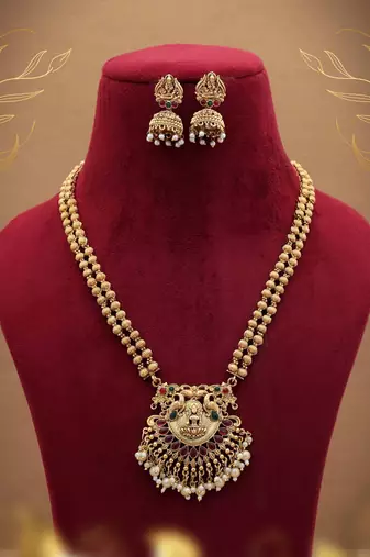 Premium rani & green color lord laxmi long temple necklace set collection