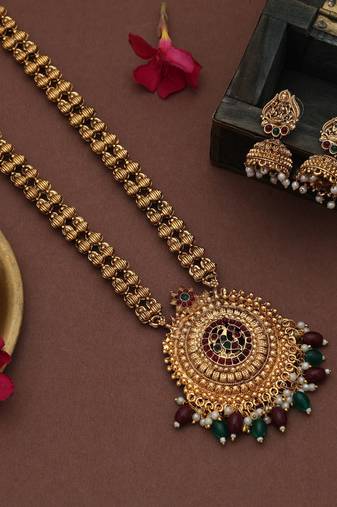 Elegant maroon & green color long temple necklace set for bridal ethnic wear