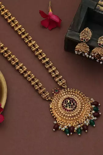 Elegant maroon & green color long temple necklace set for bridal ethnic wear