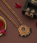 Elegant maroon & green color long temple necklace set for bridal ethnic wear