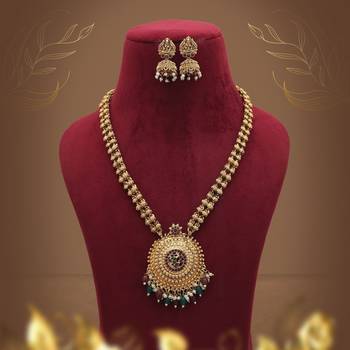 Elegant maroon & green color long temple necklace set for bridal ethnic wear 2