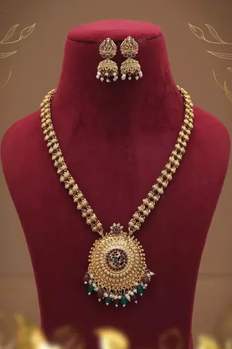 Elegant maroon & green color long temple necklace set for bridal ethnic wear