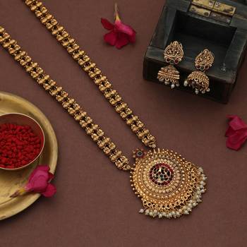 Designer maroon & green color long temple necklace set with antique artwork 1