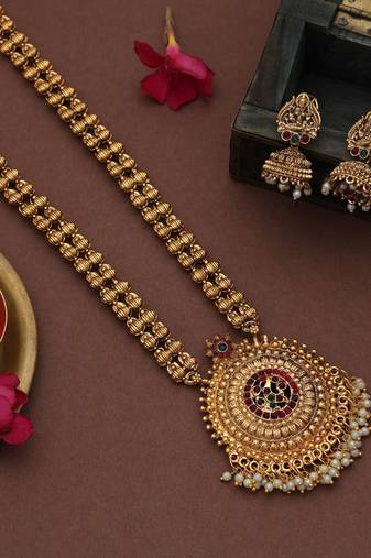 Designer maroon & green color long temple necklace set with antique artwork