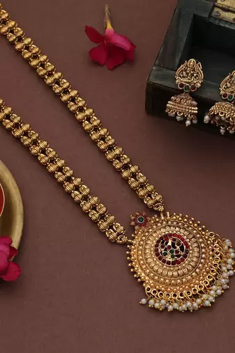 Designer maroon & green color long temple necklace set with antique artwork