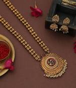 Designer maroon & green color long temple necklace set with antique artwork