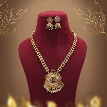 Designer maroon & green color long temple necklace set with antique artwork 2