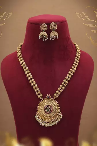 Designer maroon & green color long temple necklace set with antique artwork