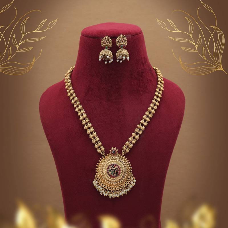 Designer maroon & green color long temple necklace set with antique artwork
