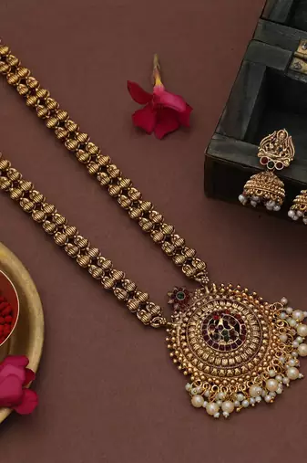 Graceful maroon & green color long temple necklace set for wedding collection