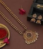 Graceful maroon & green color long temple necklace set for wedding collection