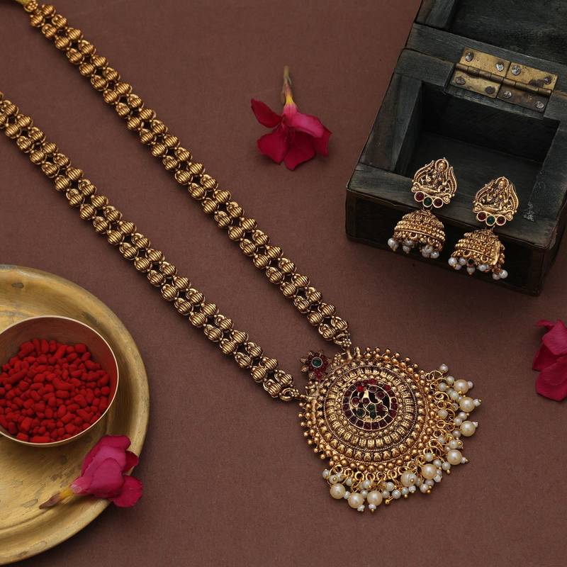 Graceful maroon & green color long temple necklace set for wedding collection