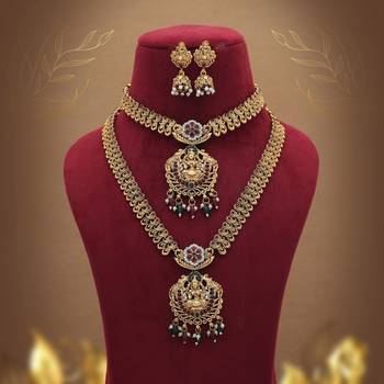 Royal maroon & green color lord laxmi long temple necklace set for women 1