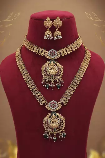Royal maroon & green color lord laxmi long temple necklace set for women