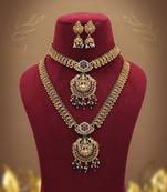 Royal maroon & green color lord laxmi long temple necklace set for women