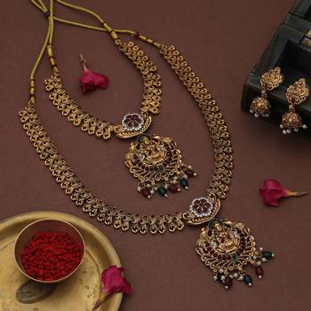 Royal maroon & green color lord laxmi long temple necklace set for women 2