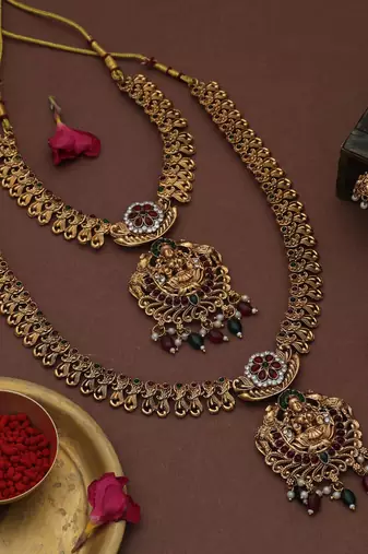 Royal maroon & green color lord laxmi long temple necklace set for women