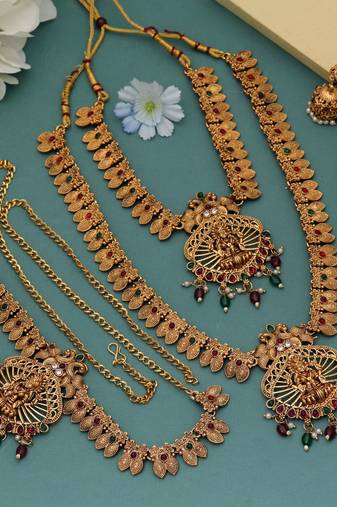 Traditional maroon & green color lord laxmi long temple necklace set artwork