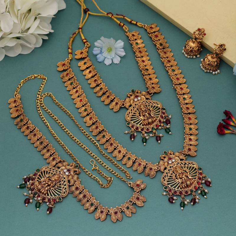 Traditional maroon & green color lord laxmi long temple necklace set artwork