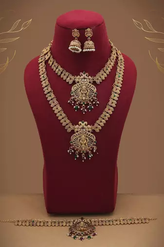 Traditional maroon & green color lord laxmi long temple necklace set artwork