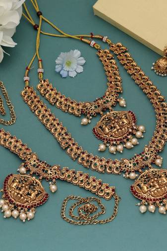 Stylish maroon & green color lord laxmi long temple necklace set bridal wear
