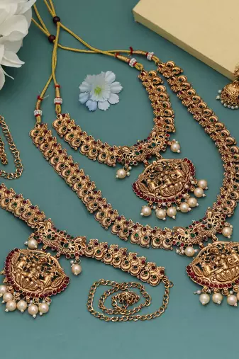Stylish maroon & green color lord laxmi long temple necklace set bridal wear