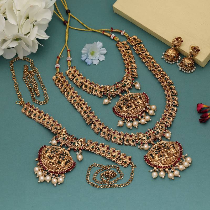 Stylish maroon & green color lord laxmi long temple necklace set bridal wear