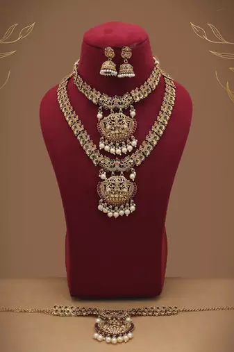 Stylish maroon & green color lord laxmi long temple necklace set bridal wear