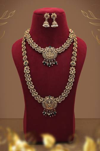 Antique maroon & green color lord laxmi long temple necklace set design