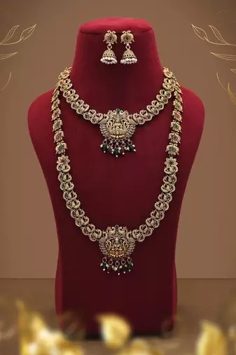 Antique maroon & green color lord laxmi long temple necklace set design