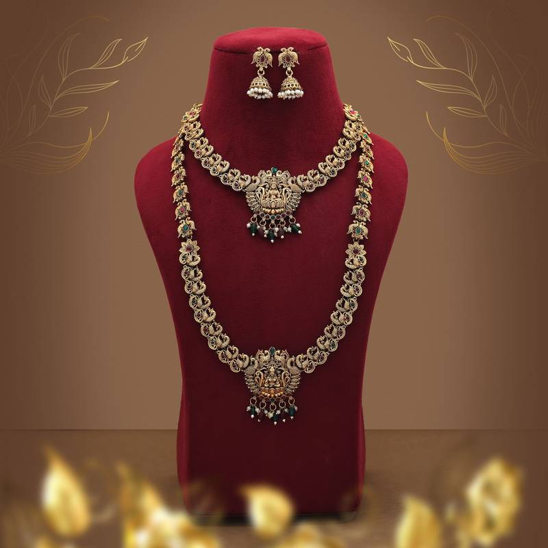 Antique maroon & green color lord laxmi long temple necklace set design