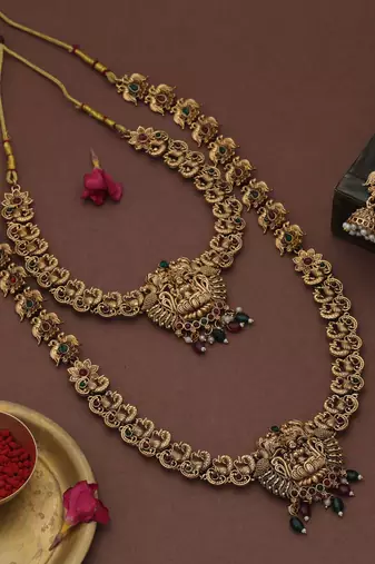 Antique maroon & green color lord laxmi long temple necklace set design