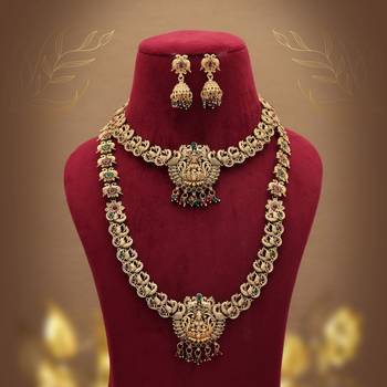 Graceful maroon & green color lord laxmi long temple necklace set ethnic wear 1