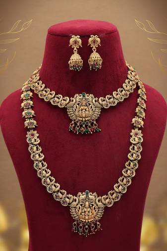 Graceful maroon & green color lord laxmi long temple necklace set ethnic wear