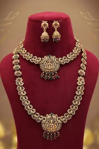 Graceful maroon & green color lord laxmi long temple necklace set ethnic wear