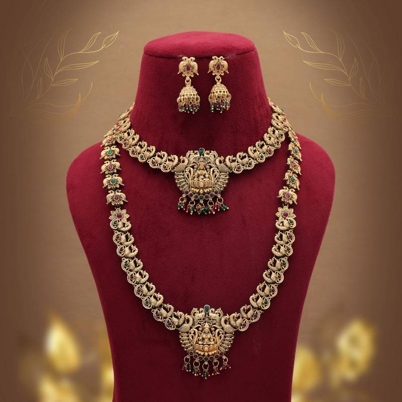 Graceful maroon & green color lord laxmi long temple necklace set ethnic wear