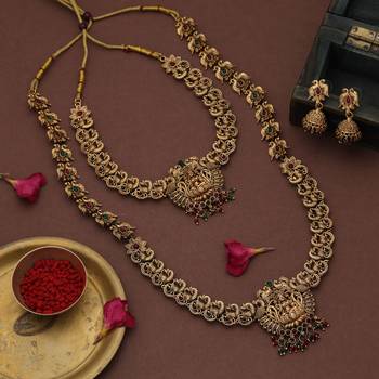 Graceful maroon & green color lord laxmi long temple necklace set ethnic wear 2