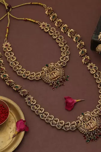 Graceful maroon & green color lord laxmi long temple necklace set ethnic wear