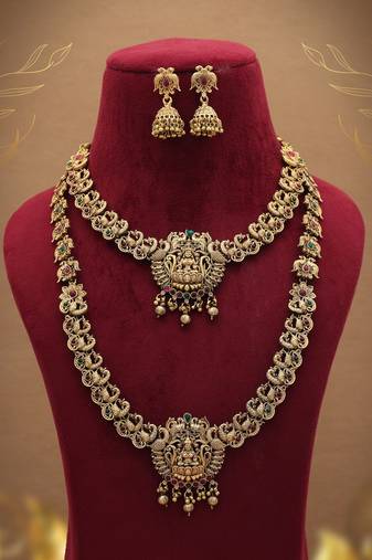 Designer maroon & green color lord laxmi long temple necklace set collection