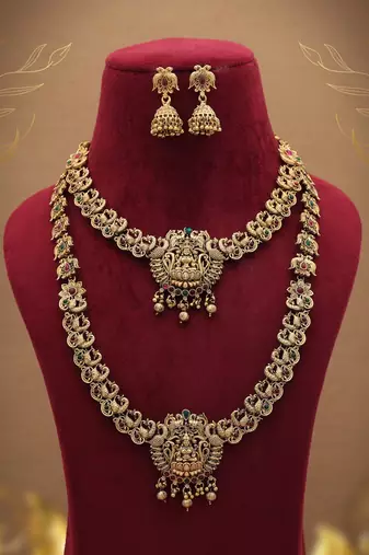 Designer maroon & green color lord laxmi long temple necklace set collection