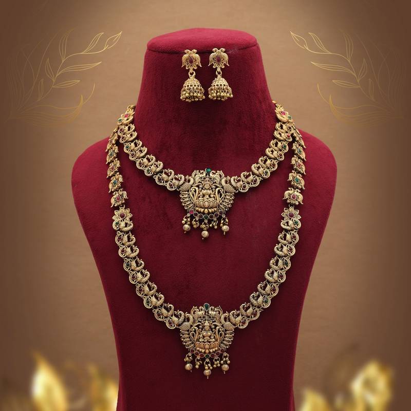 Designer maroon & green color lord laxmi long temple necklace set collection