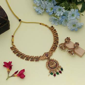 Premium maroon & green color lord laxmi temple necklace set for festive occasions 1