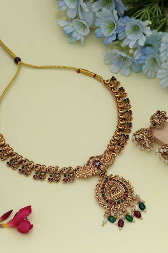 Premium maroon & green color lord laxmi temple necklace set for festive occasions
