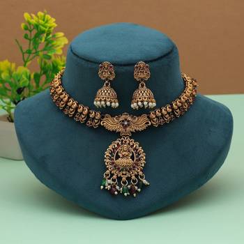 Premium maroon & green color lord laxmi temple necklace set for festive occasions 2