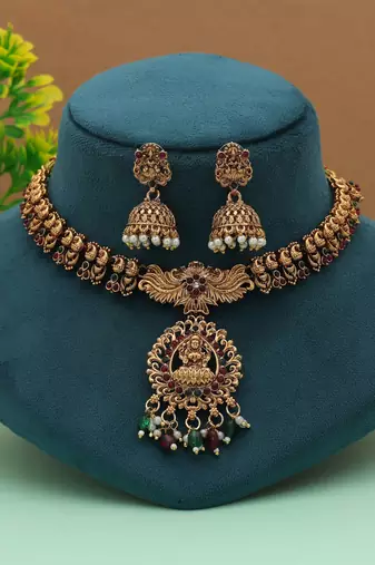 Premium maroon & green color lord laxmi temple necklace set for festive occasions