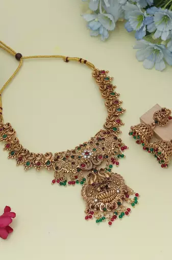 Elegant rani & green color lord laxmi temple necklace set ethnic jewelry