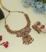 Elegant rani & green color lord laxmi temple necklace set ethnic jewelry